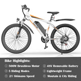 500W Electric Bike 26" Electric Bicycle for Adults Max 19.8Mph Cruise Control System Ebike, Mountain Bike with Removable 48V 375Wh Lithium-Ion Battery, 21 Speed E Bicycle for Man Woman UL2849