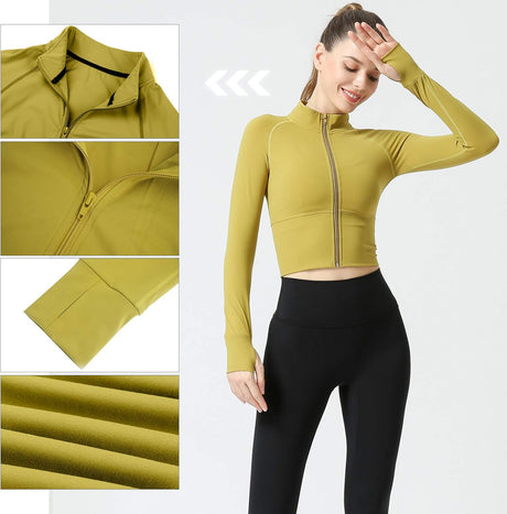 Women'S Zip up Lightweight Workout Athletic Crop Jacket Running Sports Yoga Cropped Top Seamless Fitted Activewear