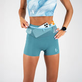 FLIPBELT Women'S Ouray Compression Short Solid Aqua Coating High-Waist Fit with 360° Storage & Dual Side Pockets for Marathon Performance