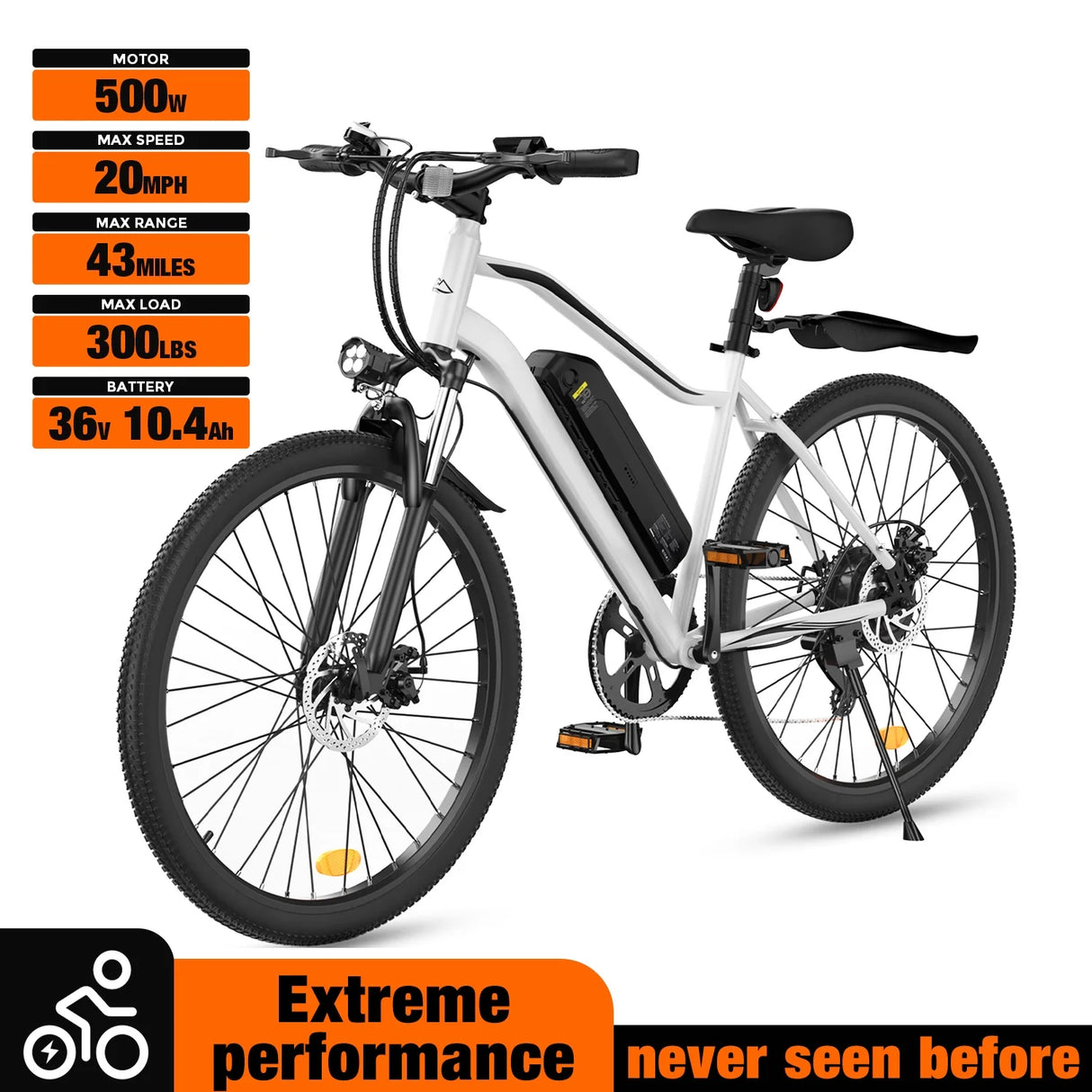 500W Electric Mountain Bike -50Miles 20MPH Speed All-Terrain E-Bike with 330Lbs Capacity, UL Certified, Perfect Gift for Adults,White