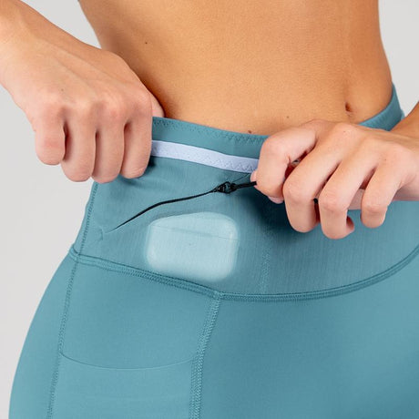 FLIPBELT Women'S Ouray Compression Short Solid Aqua Coating High-Waist Fit with 360° Storage & Dual Side Pockets for Marathon Performance
