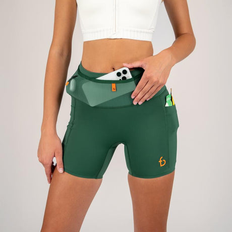 FLIPBELT Women'S Ouray Compression Short Solid Aqua Coating High-Waist Fit with 360° Storage & Dual Side Pockets for Marathon Performance